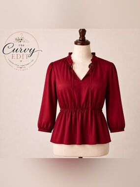 Cicidudu 3XL Red Peplum Blouse Ruffle Neck Balloon Sleeve Career Holiday Chic